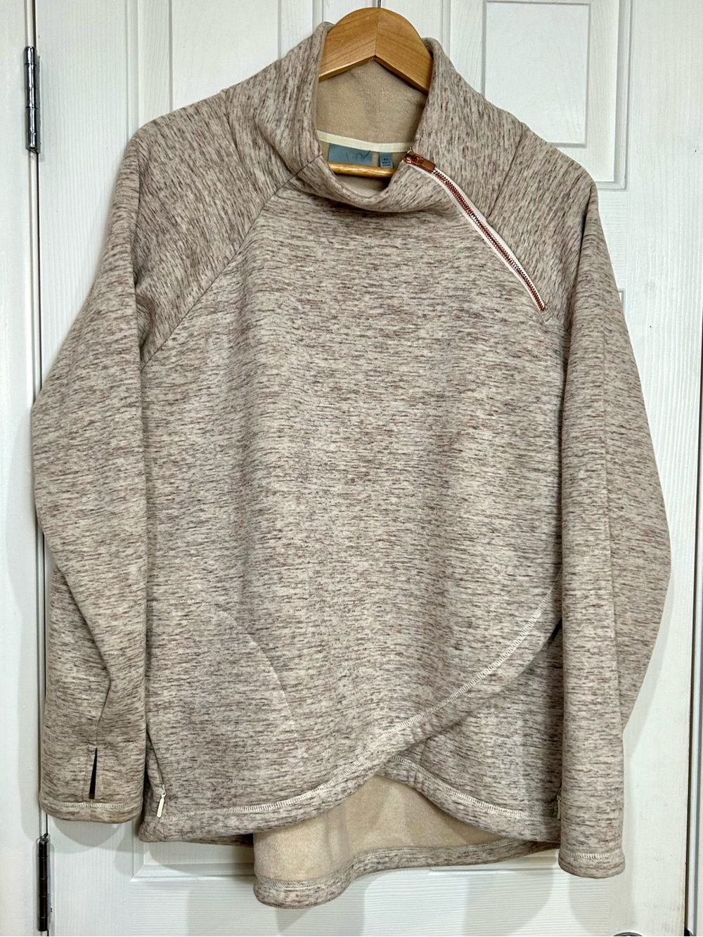Athleta Cozy Karma Asym Pullover Heather Beige Oatmeal Fleece Asymmetric Zip XL